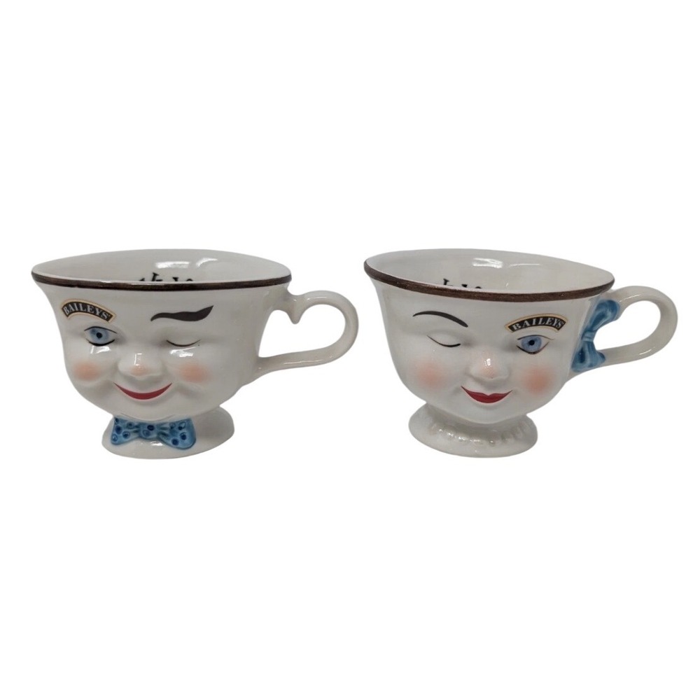 Baileys Irish Cream Yum Winking Face Coffee Mugs Set of‎ 2 Vintage Ceramic Cups